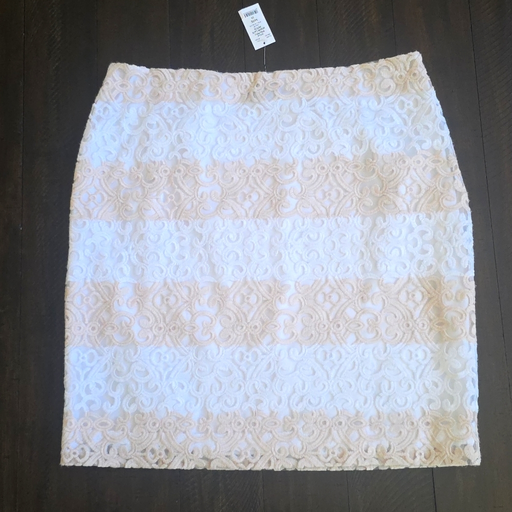 NWT WHBM White and Cream Lace Striped Pencil Skirt, size 10